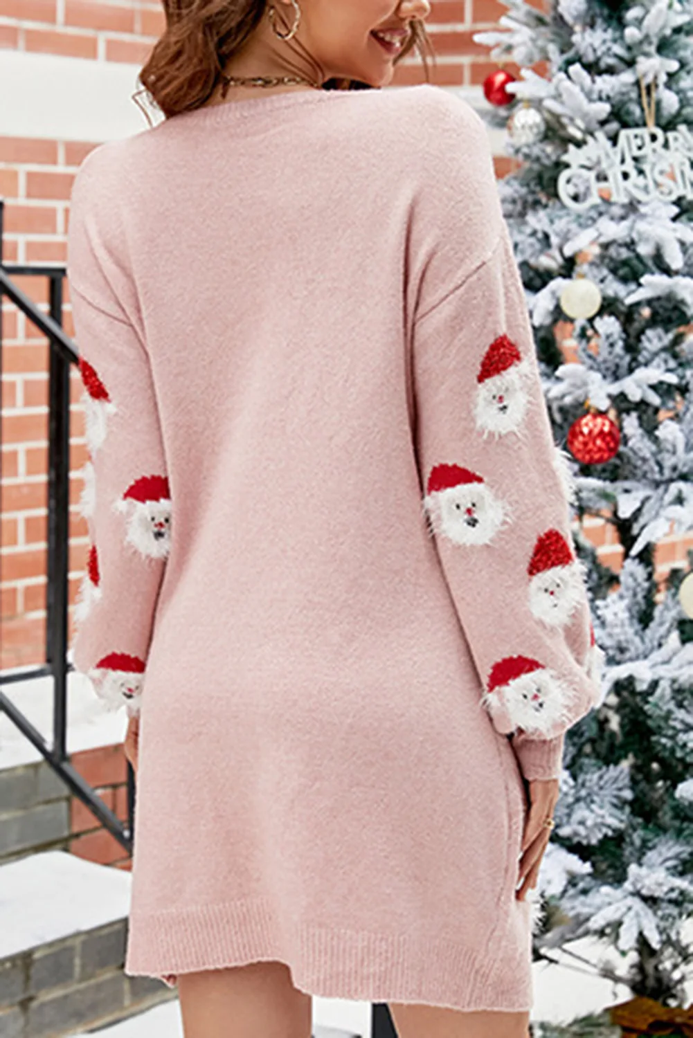Dear-Lover Light Pink Fuzzy Christmas Santa Clause Sweater Christmas Dress For Women