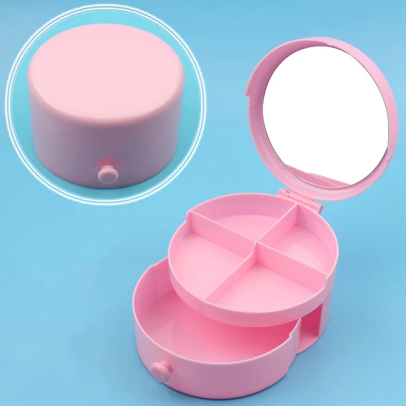 Small round Plastic Jewelry Box Organizer with Makeup Mirror Multifunction Hair Accessories Storage for Sundries