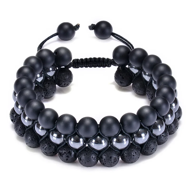 Bracelet woven black of  Agate stones Unique patterns for Women Men Handcrafted Jewelry