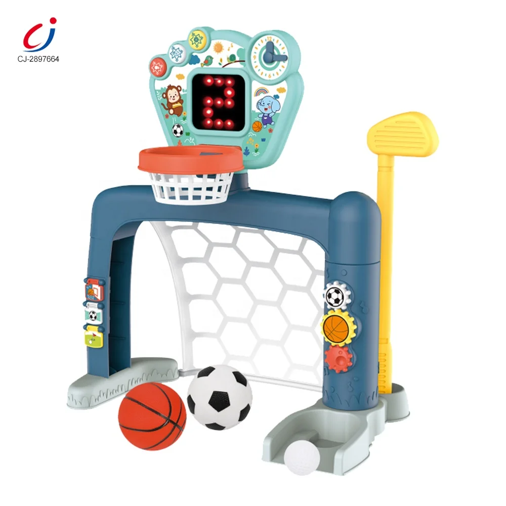 Chengji 3 in 1 interactive sport football basketball indoor sport toy set portable indoor basketball hoop toy with scoreboard