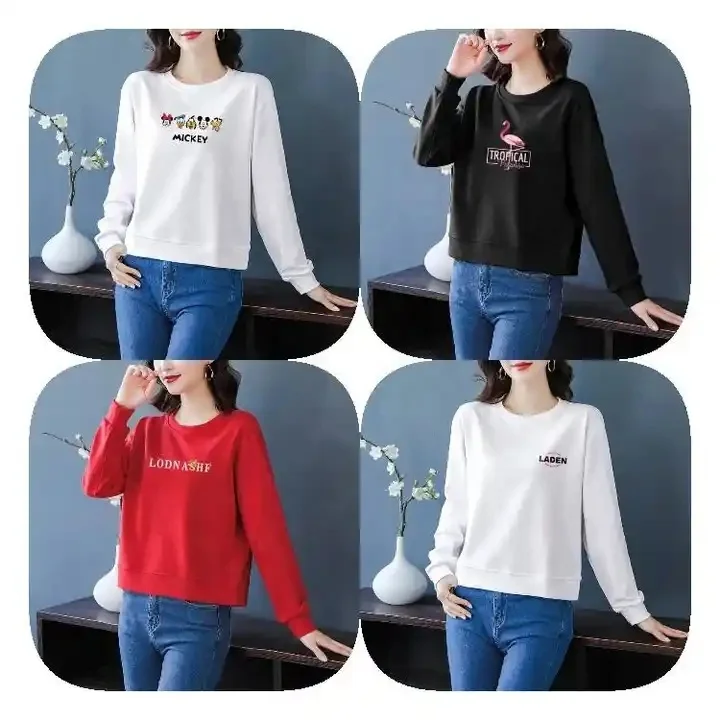 Women's long-sleeved sweatshirt casual crew neck loose pullover hoodie wool autumn top