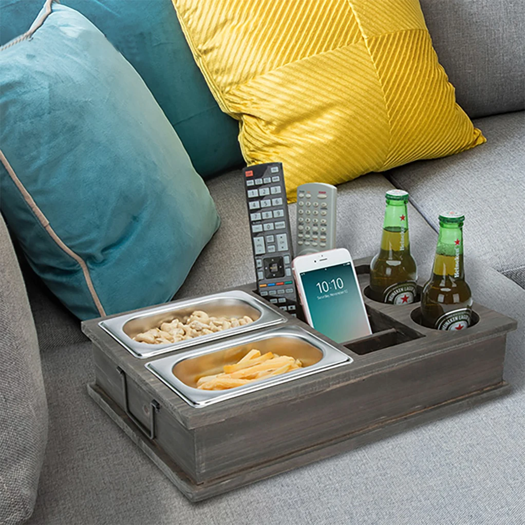 Removable Lid Couch Sofa Snack Candy Bamboo Wood Sofa Couch Organizer Cup and Drink Holder Bed Phone Holder Tray for Living Room