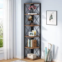Industrial Wooden White 5 Tier Tall Corner Display and Storage Racks Bookshelf for Living Room Office Kitchen