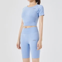 Premium Quality Quick-Drying Sports High Waist Seamless Slimming Yoga Sets Fitness Women Blue Yoga Two Piece Set