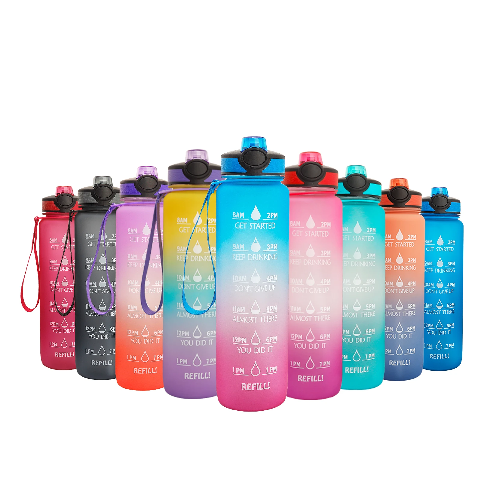 1L tritan gradient color water BPA free sports motivational water bottle with straw plastic bottle with custom logo