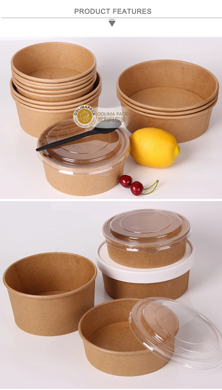 Compostable Paper Bowl With Lid Disposable Kraft Paper Salad Bowl With