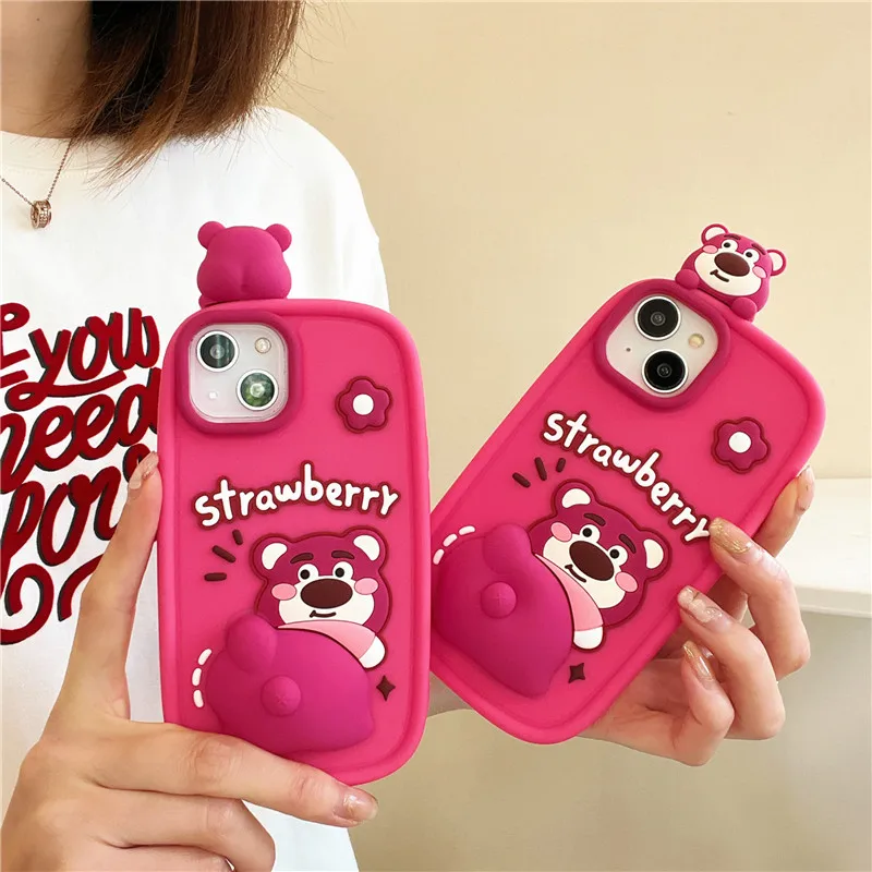 Lovely Animal Pinch the Strawberry Bear Cartoon Silicone Cute Phone Case for Apple iPhone 15 14 13 12 pro max 11