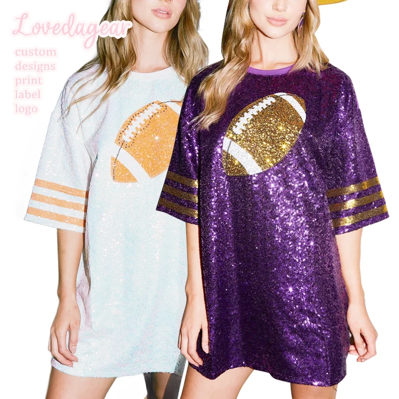Custom Game Day Wear Apparel Top Football Sequin Embroidery Stripes Shirt Dress Street