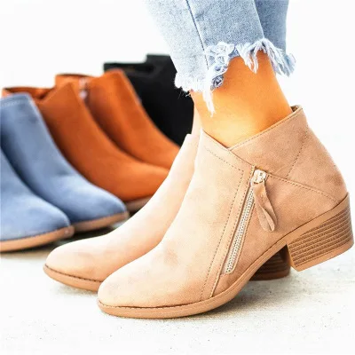 Autumn Winter Fashion Pointed Toe Zipper Boots Black Blue Women Round-Toe Women Boots Faux Leather High Heel Ankle Boot
