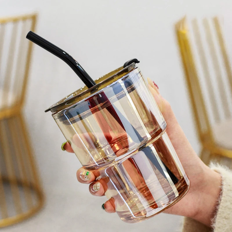 2024 Elegant PU Leather Sleeve drink cup glass cup with lid and straw coffee travel mug