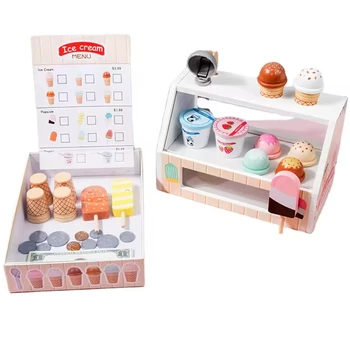 Ice Cream Counter play set for Kids Montessori Pretend Play Food Toys Kitchen Wooden Popsicle Set with Scoop & Cash Ice Cream