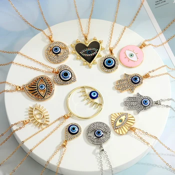Wholesale Bulk Gold Silver Plated Heart Hasma Fatima Hands Pendant Woman Girls Crystal Blue Turkish Evil Eyes Necklace Jewelry