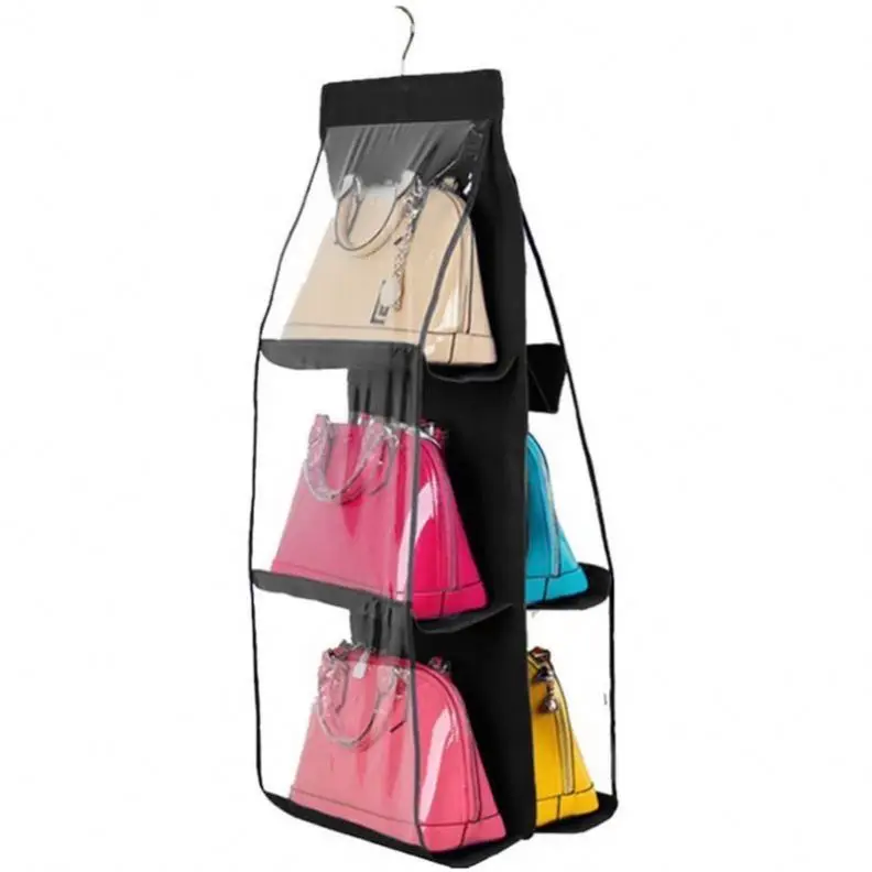 Hanging Handbag Organizer, Dust-Proof Storage Holder Bag Wardrobe Closet for Purse Clutch with 6 Larger Pockets Black