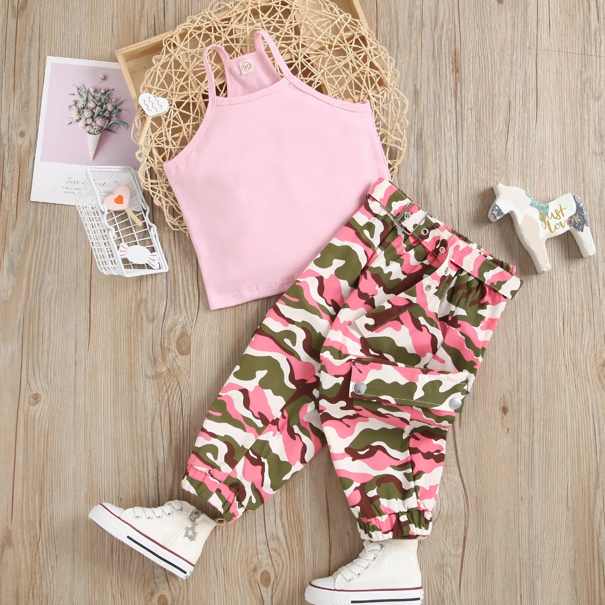 Wholesale toddler girls clothes casual sleeveless shirt tops+camouflage trousers boutique two piece kids outfits