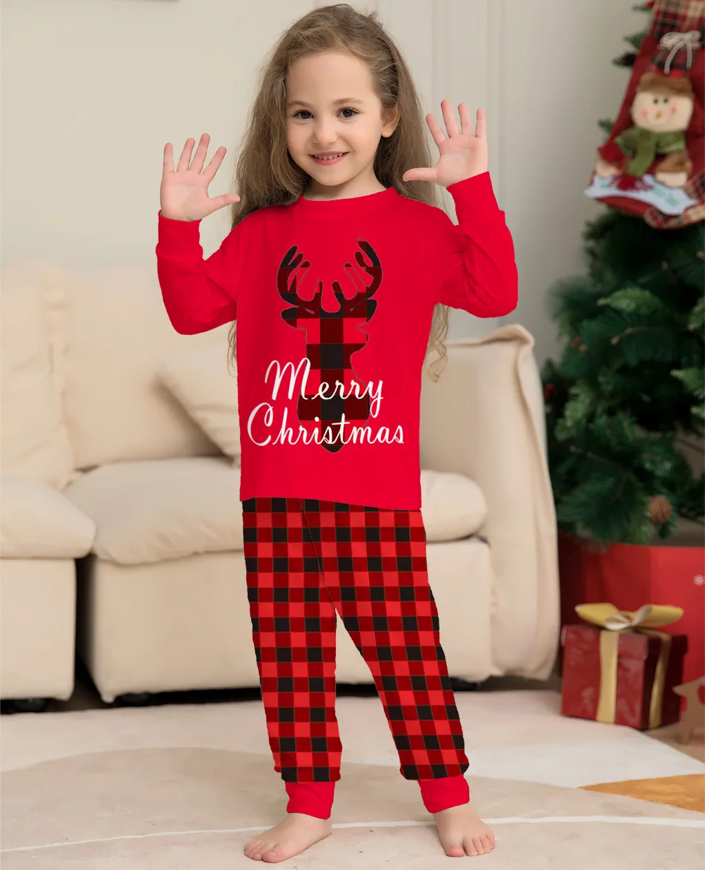 Hot Selling Christmas Clothes Baby Checkered Deer Set Parent-Child Home Clothing Children'S Pajamas Jumpsuits