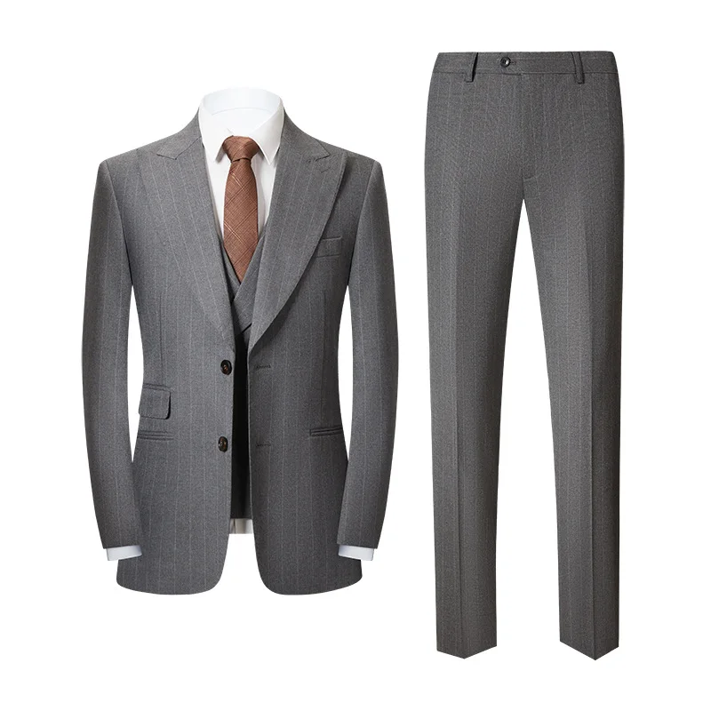 Custom Casual Fashion Turkey Light Grey Stripe Lapel Men's Business Office Tuxedo Suits