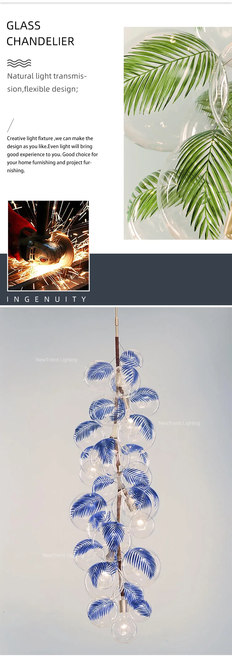 CPL-340 Nature Style Custom Indoor Inspired Branch Lamp Decoration Glass Ball Leaf Led Chandelier manufacture