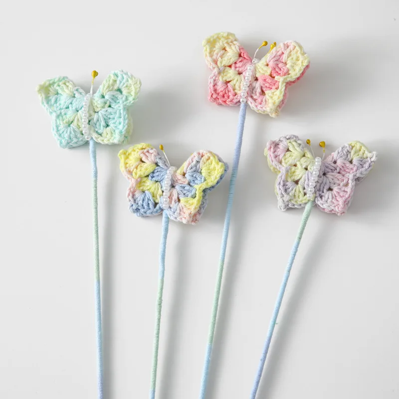 Crocheted wool Yarn handmade flying butterfly stalk bouquet