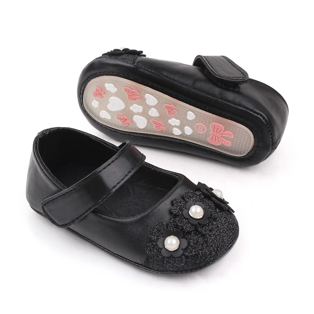 Solid Color PU Leather Glitter Pearl Flower Baby Girls Soft Soled Cute Princess Shoes manufacture