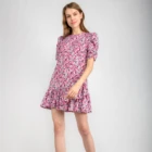 Fashion 2021 Hot Selling Women Fashion Pink Printed Short Puff Sleeve Mini Dress With Ruffle Bottom