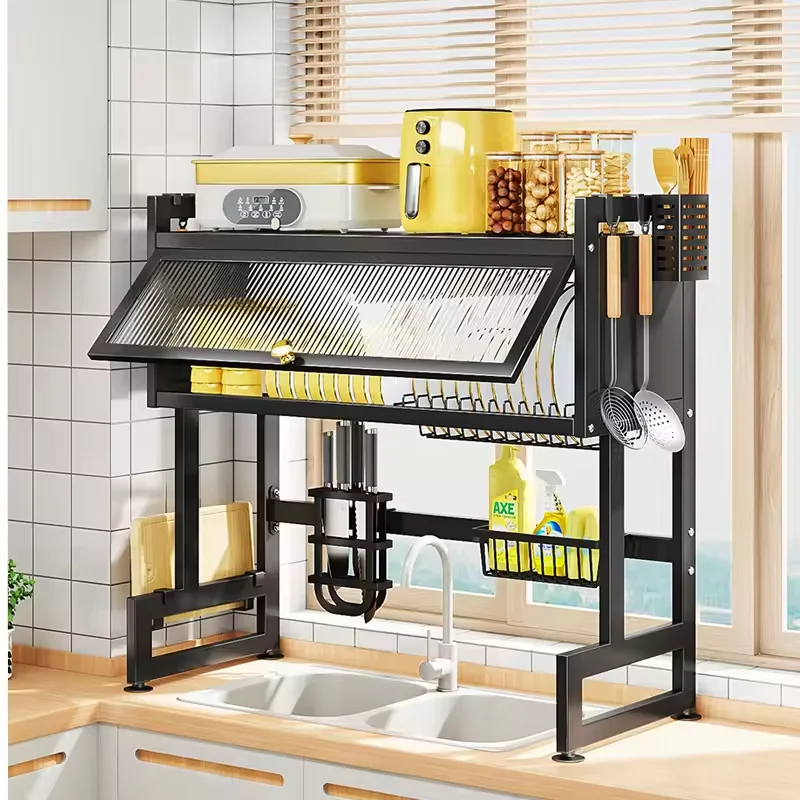 Kitchen dish drainage rack kitchen dish drainage rack household countertop storage rackmultifunctional carbon steel storage rack