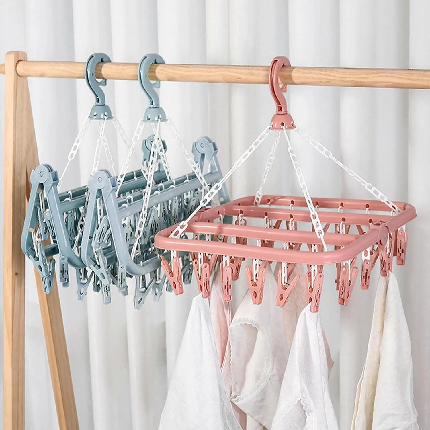 Household Items Plastic Foldable Clothes Socks Underwear Drying Hanger Storage Holders Racks with 32 Clips and Drip Vulcanus