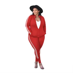 Plus size jogging pants two-piece trousers striped long-sleeved women's sportswear suit jogging personality zipper sports suit