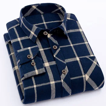 New Fashion Blue Casual Shirt England Style Stand-up Collar Polo T Shirts Plaid Long Sleeve Men's Shirts