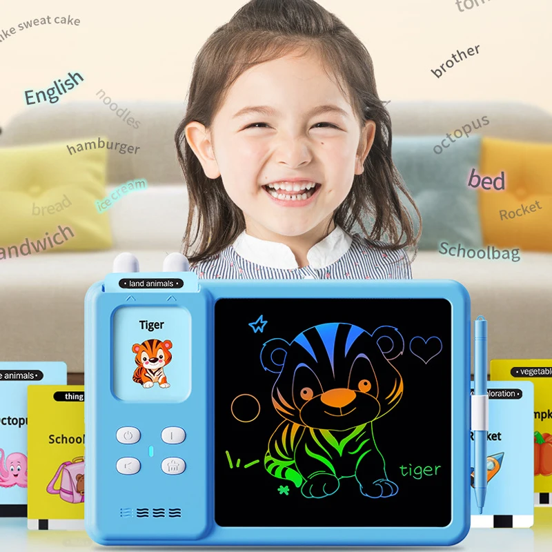 2 in 1 Educational Toys Sight Drawing Board Flash Card Machine, LCD Writing Tablet, English Talking Flash Card