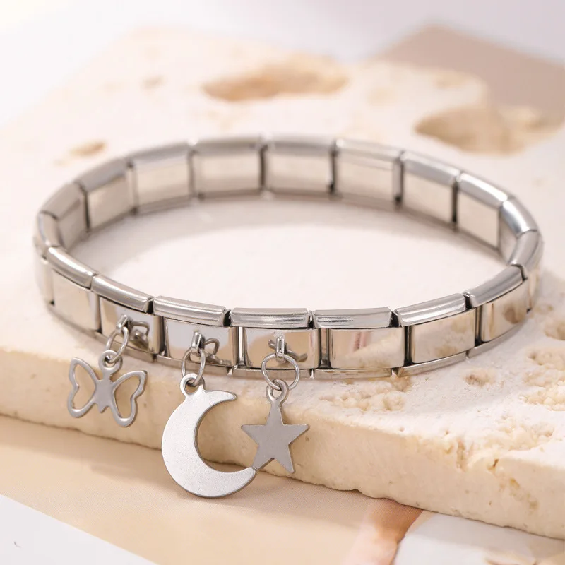 Hot selling stainless steel moon stars pendant bracelets high polished links Italian charm bracelets