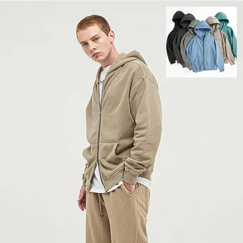 Blank full face zip hoodie 100% cotton 430 gsm plain wholesale acid wash oversized vintage grey mens hoodies men zipper hoodie