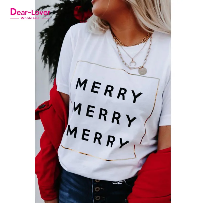 Dear-Lover Blank Apparel White Triple Merry Western Print Ladies Graphic Tshirts Women Blank T-Shirt