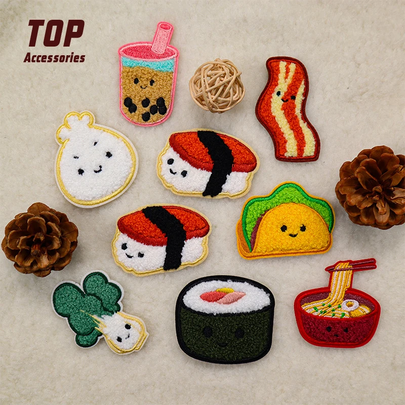 DIY Clothing Accessories Custom Cute Food Heat Press Cotton Chenille Patches Fabric PVC Handmade Embroidery Sequins Embroidered