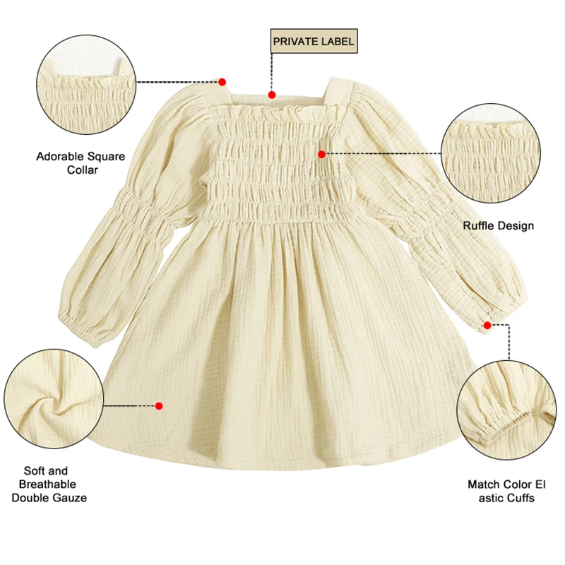 Top Sales Summer Double Gauze Children Skirt Adorable Square Collar Ruffle Design 100% Cotton Kids Girls Dress