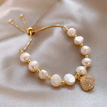 Fashion Lady Jewelry Adjustable White Pearl Braided Bracelet Inlaid Crytal Rhinestone Shell Bracelet