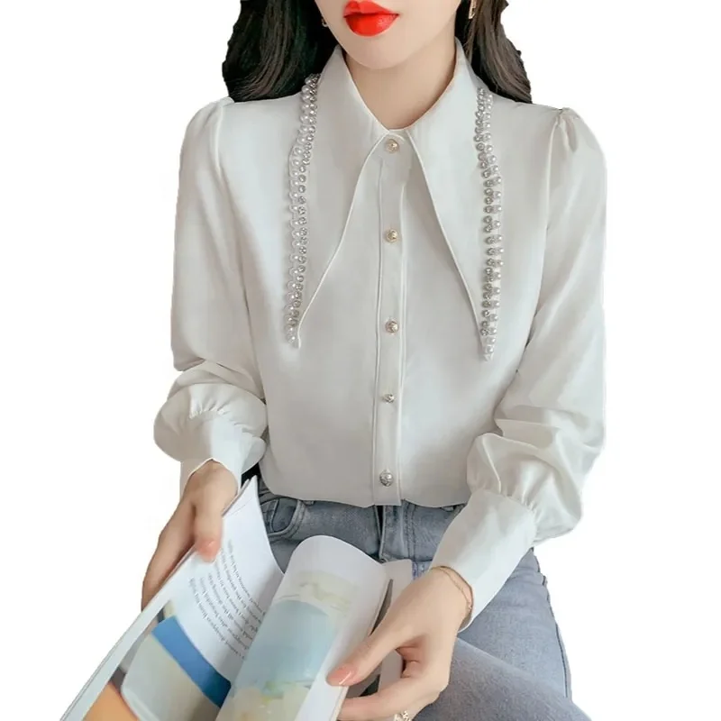 Silk long-sleeved top women's elegant shirt plain color fashion shirt 2023 spring autumn women's loose shirt