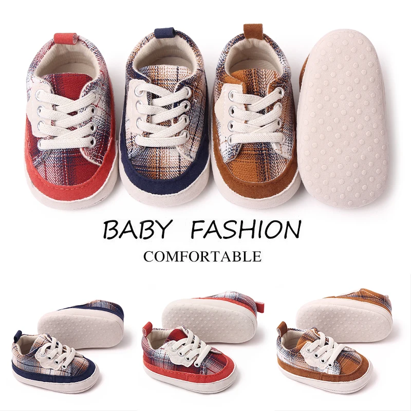 Fashion Trend Baby Boy Color Matching Plaid Pattern Baby Girl Front Lace-up Casual Sports Shoes supplier