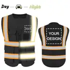 Black Vest High Visibility Multi Pocket Black Orange Warning Reflective Road Safety Vest