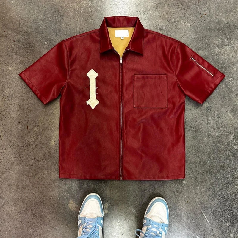 product custom vintage distressed applique embroidery pu leather shirt high quality short sleeve hip hop pu leather shirt for men-5