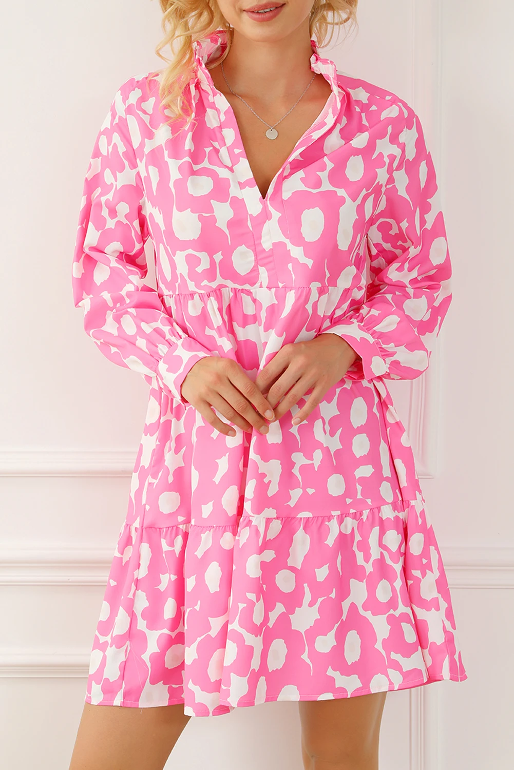 Dear-Lover Light Pink Sweet Flower Print Tiered Ruffled Trim Flower Short Dress For Women