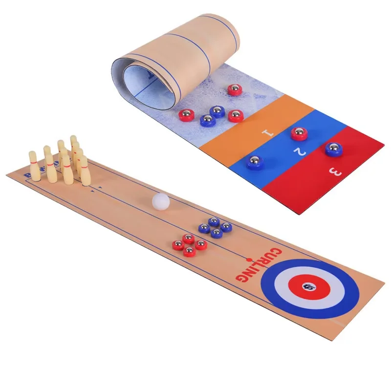 Portable Mini Tabletop Games for Family School Shuffleboard Table 3 in 1Curling Game and Bowling Set