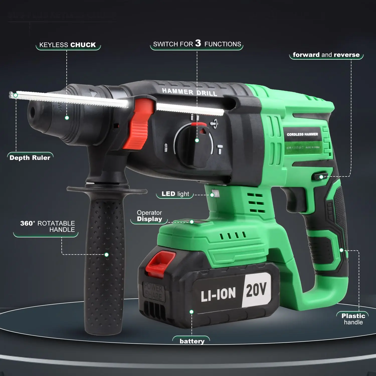 20V Cordless Hammer Drill, Electric Rotary Hammer for Demolition and Drilling