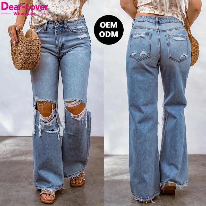 Dear-Lover OEM ODM Custom Logo Denim Jeans Mujer Fashion High Waist Distressed Ladies Pants Flare Jeans Women
