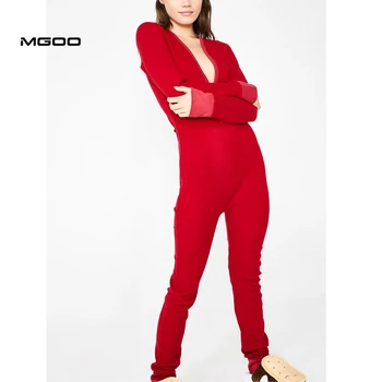 MGOO Red Long Sleeve Pajamas Blank Butt Flap Adult Onesie For Women