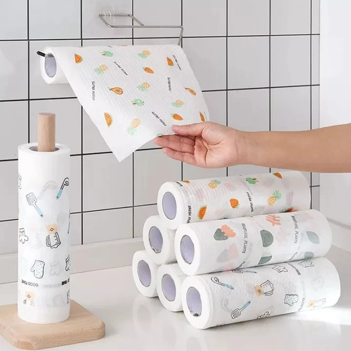 [Fast Ship] 50 Pcs Lazy Rag Washable Dish Paper Roll Towel Cloth With Paper Rack Disposable Dish Paper Tissue Wipes For Home