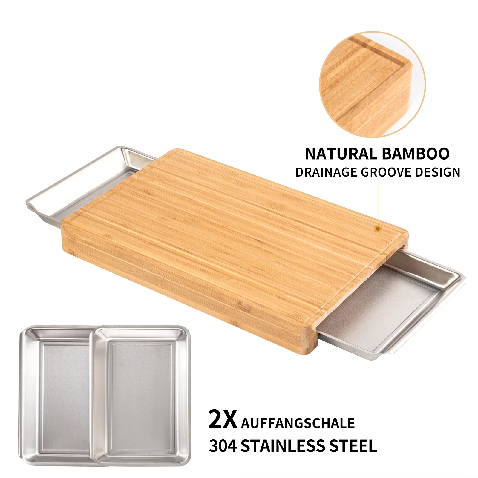 Bamboo Chopping Board Set Kitchen Bamboo Cutting Board with 2 Stainless Steel Sliding Drawer Pan Tray Containers