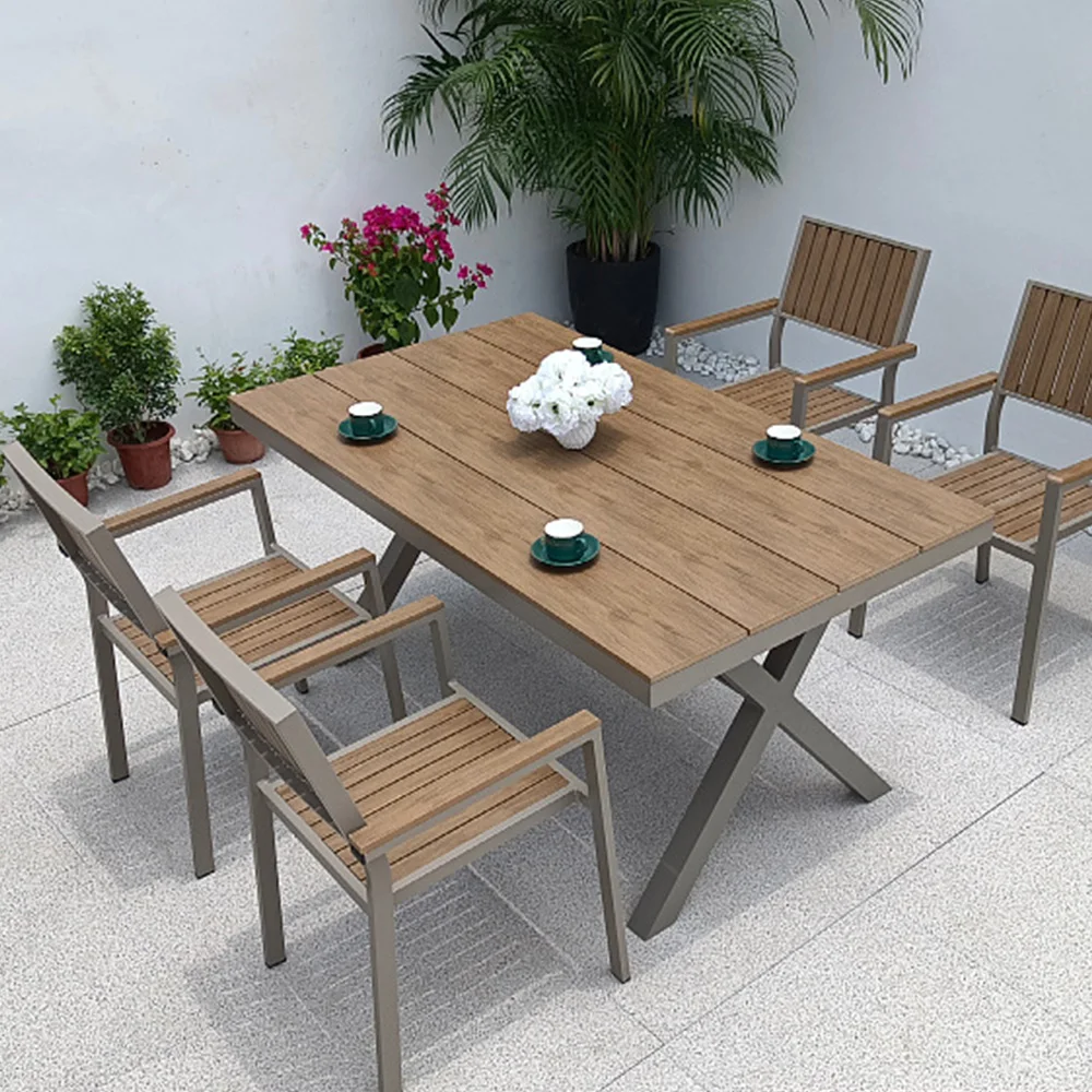 wood plastic Dining Table patio Chairs Outdoor restaurant Furniture Dining Table Set 8 Seater Wood Modern patio furniture