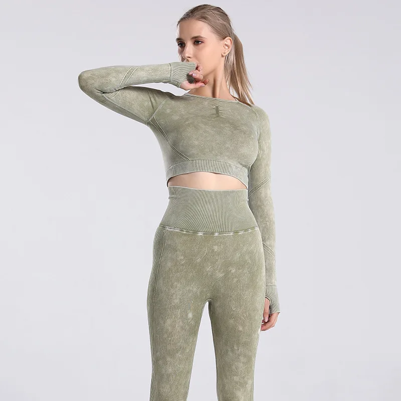 INS Tops Sale Long Sleeves With Finger Hole Tops 2pcs Workout Sets High Waist Pants Women Acid Washed Yoga Sets Sport Gym Sets