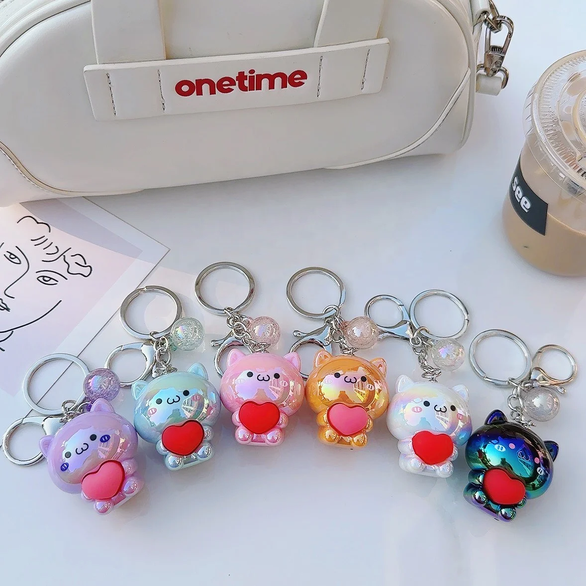 Wholesale creative Cute Kawaii Love kitten doll key chain delicate Car pendant bag key ring small gift plastic key chains