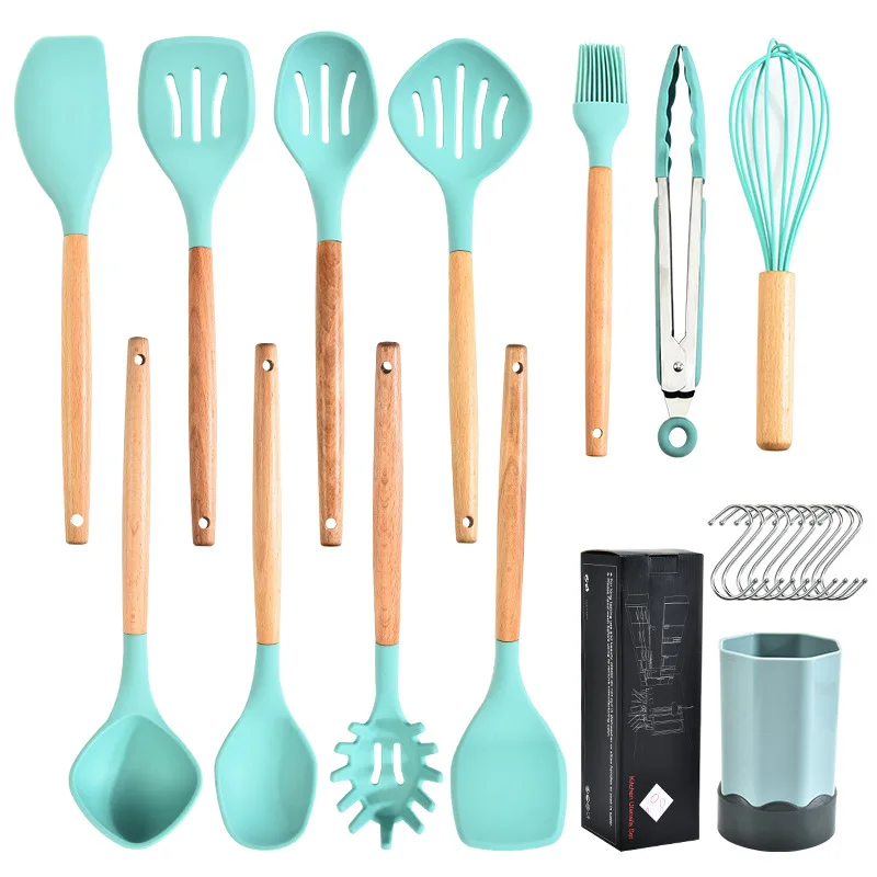 Sell well Complete Kitchen Utensil Set 11 Piece Non-Stick Cooking Silicone Kitchenware Kit kitchen utensils Wooden Handle